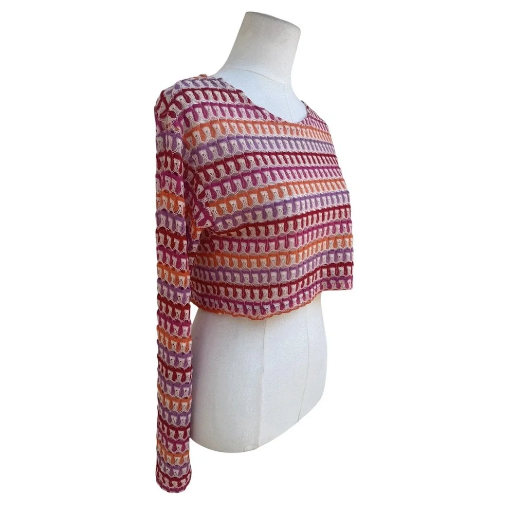 Womens Crochet Knit Crop Top Pink Orange Sheer Long Sleeve Beach Cover Up Boho